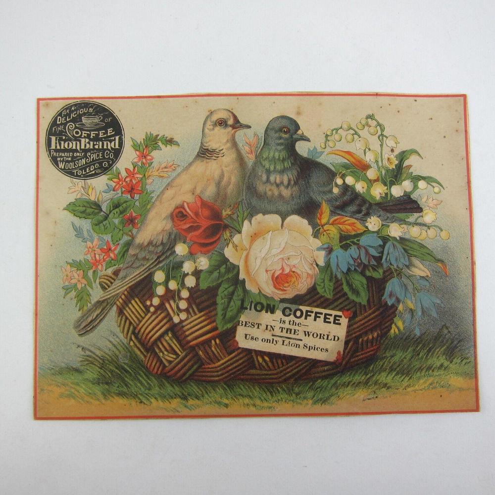 Victorian Trade Card LARGE Woolson Spice Lion Coffee Flowers Basket Dove Birds